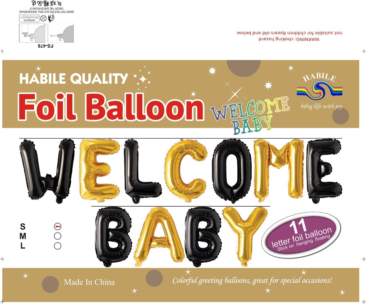 Welcome Baby Foil Balloon Set – 11 Letter Black & Golden Balloons