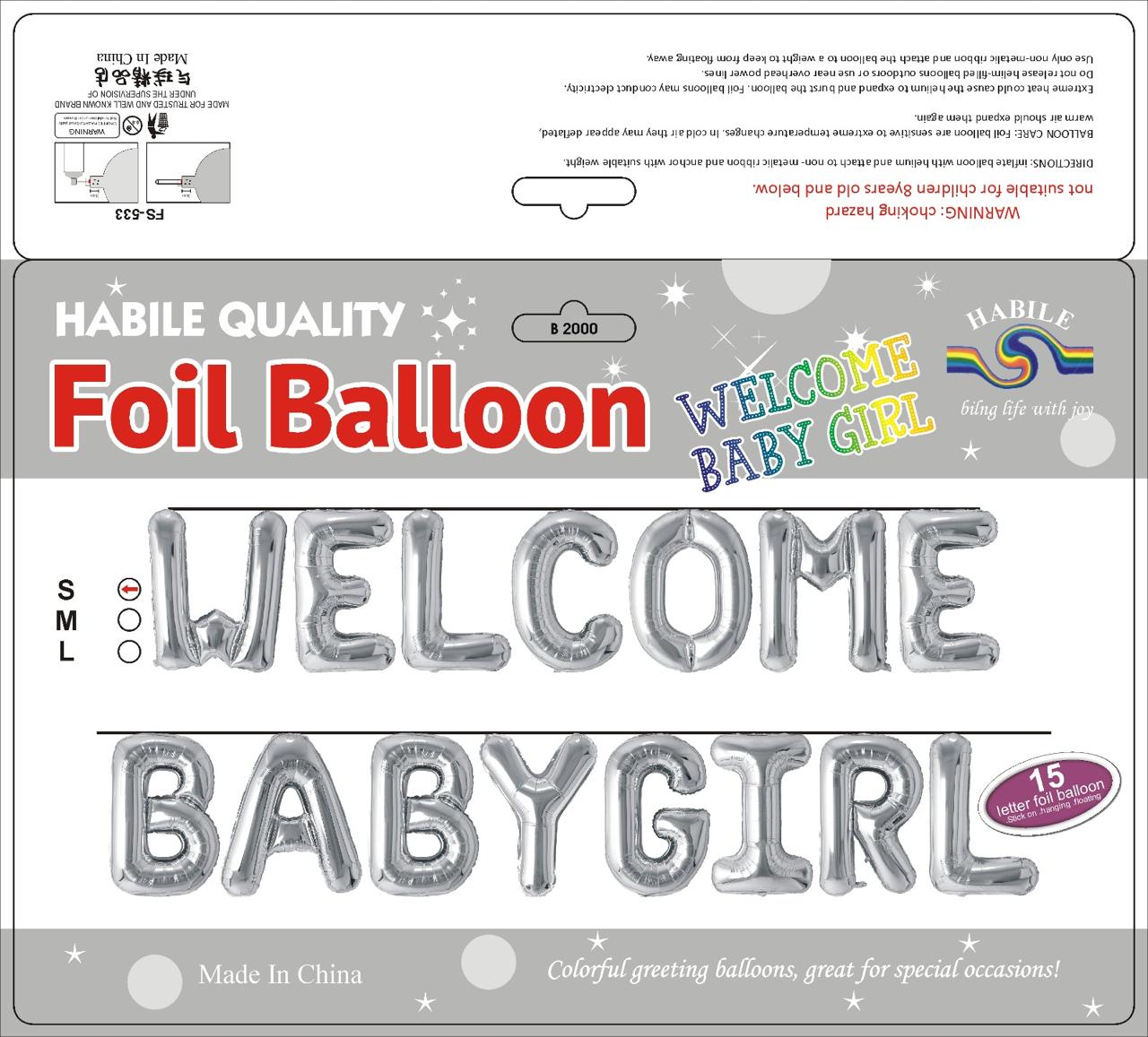 Welcome Baby Girl Foil Balloon Set – 15 Letter Silver Balloons