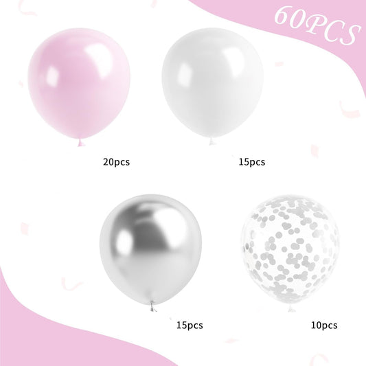 60 Pcs Metallic Silver Pink White Confetti Balloons for Wedding & Birthday Party