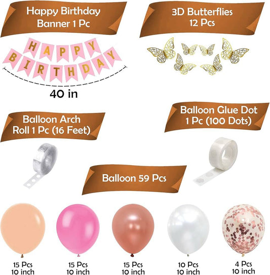 74-Piece Rose Gold Birthday Decoration Kit with 3D Butterflies & Confetti Balloons