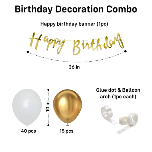 Premium Golden & White 58-Piece Birthday Decoration Kit with Happy Birthday Banner