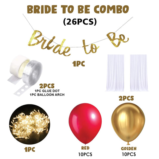 26-Piece Golden Red Bridal Shower Decoration Kit with Net Curtains & LED Lights