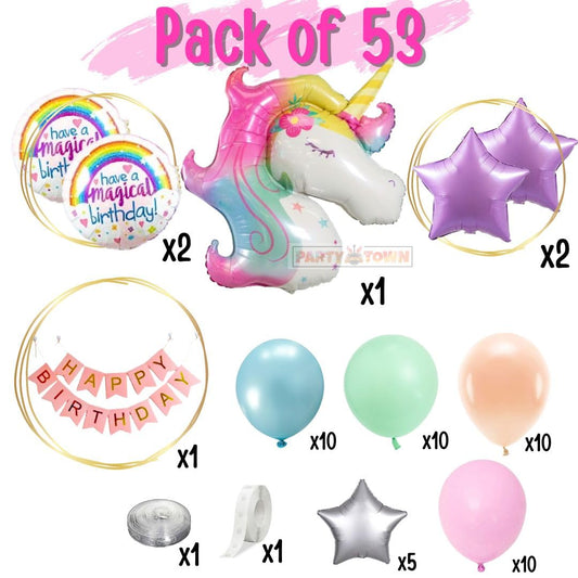 Enchanting Unicorn Party Balloon Pack - 53 Pcs, Helium Supported Foil & Latex Kit