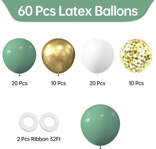 60 Pcs Metallic Gold Green and White Confetti Balloons for Wedding & Birthday Party
