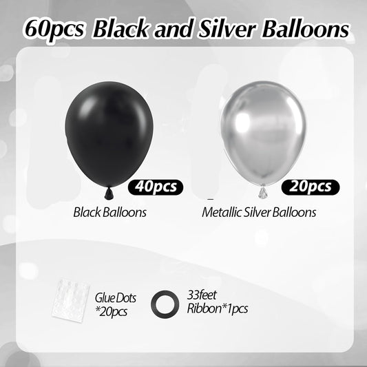 Metallic Silver Black Balloons 60 Pack - Premium Foil Balloon Set for Wedding & Birthday Party