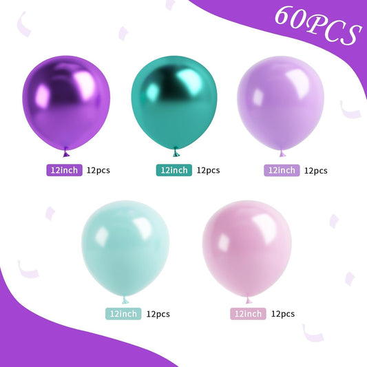 60Pcs Metallic Blue Purple Mermaid Balloons for Birthday Baby Shower Wedding