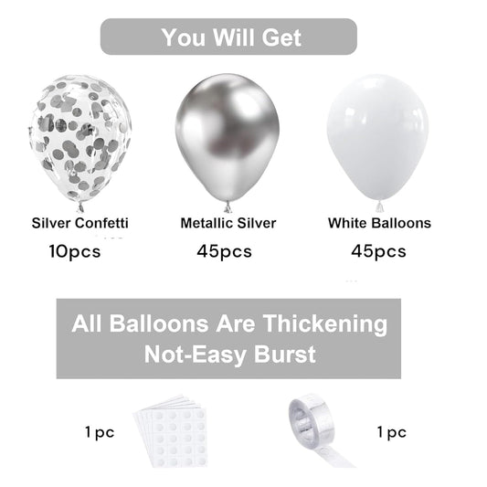 White Silver Balloon Garland Kit - 104 Piece with Confetti Balloons