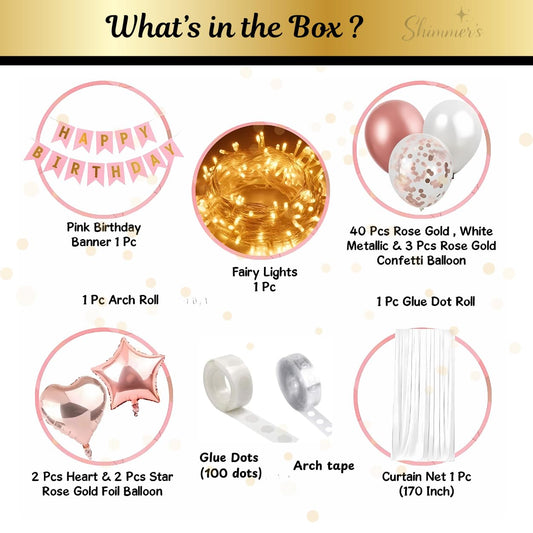 Rose Gold Birthday Decoration Set for Girls - Set of 52 Pcs