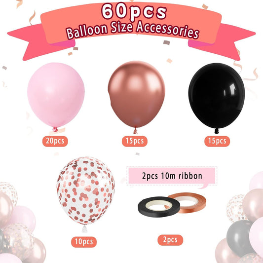 Rose Gold Pink Black Confetti Balloons 60 Pcs - Metallic Party Decorations for Wedding & Birthday Party