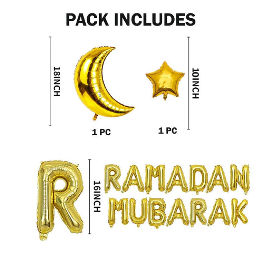 "Ramadan Mubarak" Letter Foil Balloon Decoration Kit with Moon and Star Foil Ballon 3 pcs