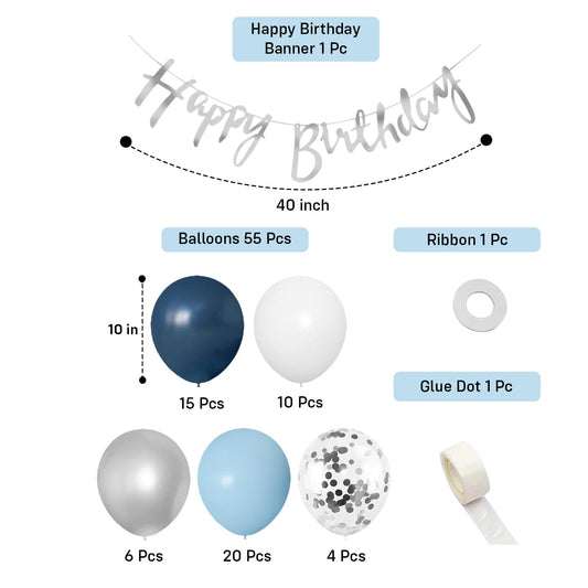 Navy Blue & Silver Birthday Decoration Kit – Set of 58 Pcs