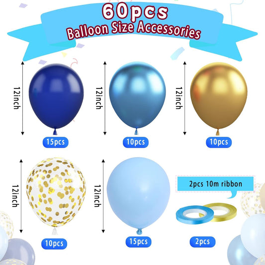Blue Gold Confetti Balloons - 60 Piece Metallic Set for Birthday