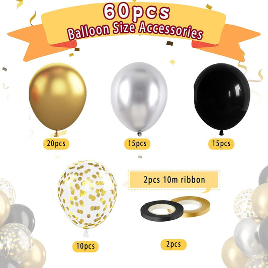 Metallic Confetti Balloons 60 Pack - Gold Silver Black Balloons for Wedding & Birthday Party