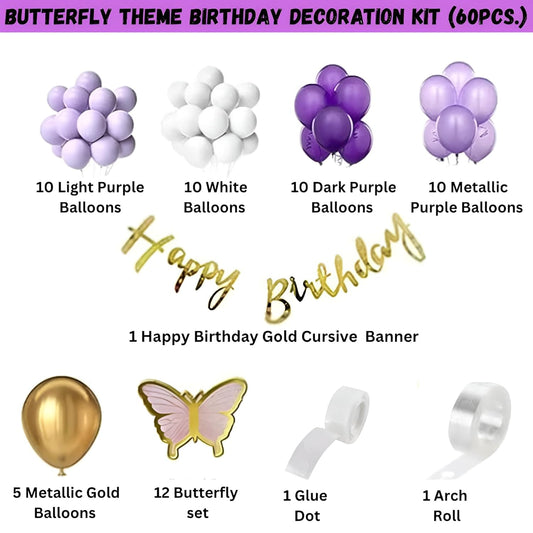 Butterfly Theme Birthday Decoration Kit – 60 Pcs Purple & White