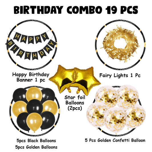 Black & Gold Birthday Decoration Kit - Set of 19 Pcs