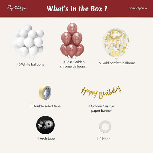 Happy Birthday Decoration Kit with White & Rose gold Balloons - 59Pcs Pack