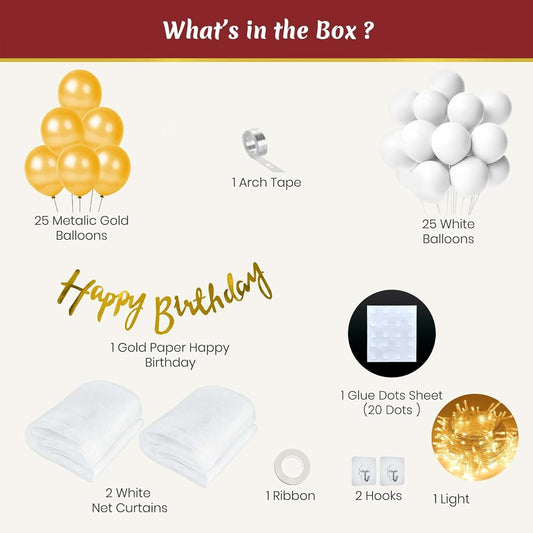 Canopy Tent for Birthday Decoration Items for Girls with White & Gold Balloons - 59 Pcs