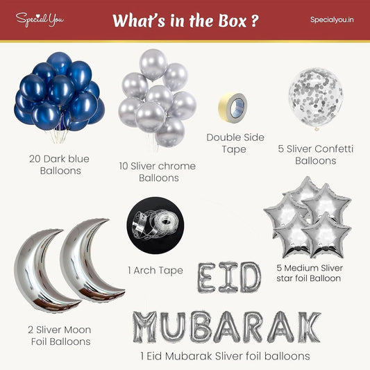 Eid Mubarak Decorations, White & Blue Balloons - 45 Pcs Combo