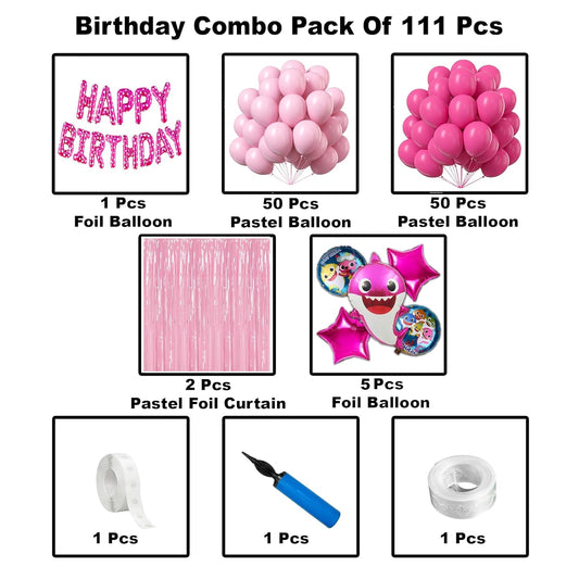CRAZYKART Shark Theme Happy Birthday Decoration Kit for Girls, 111 Pink Pieces