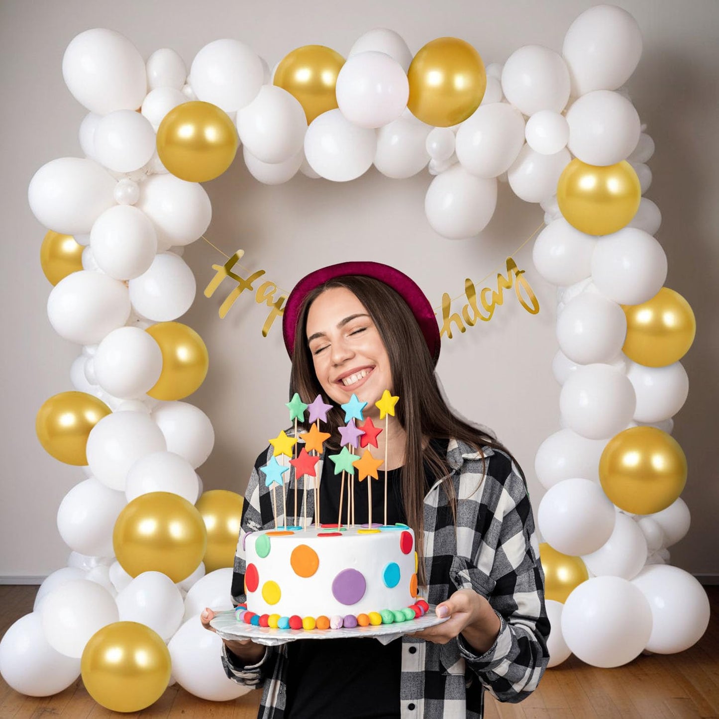 Premium Golden & White 58-Piece Birthday Decoration Kit with Happy Birthday Banner
