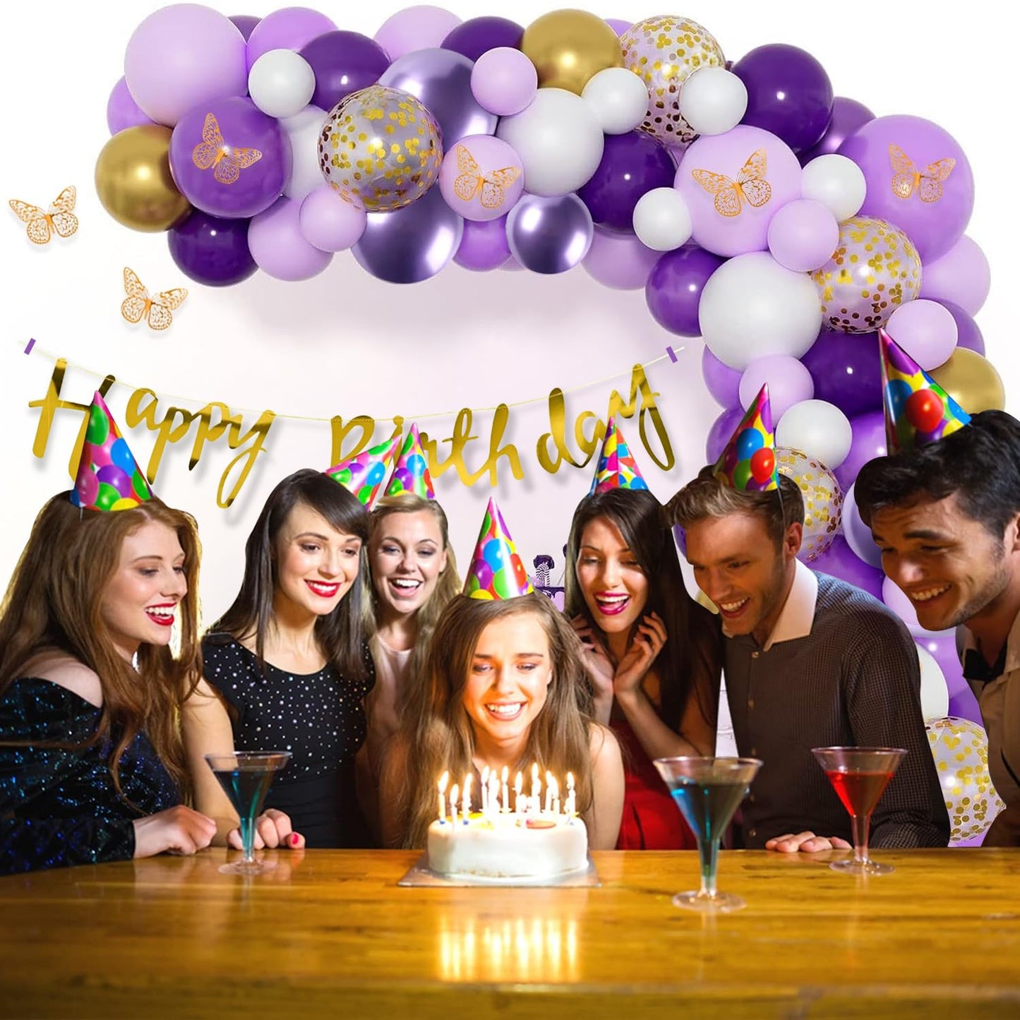 Purple & Gold Birthday Decoration Kit with Butterfly Theme - 79 Pcs Combo