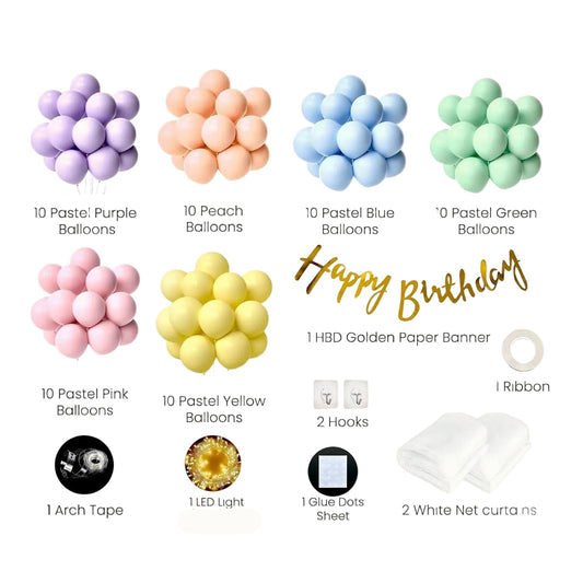 Birthday Decoration Kit - 68 Pcs Pastel Balloon Set with Curtains & LED
