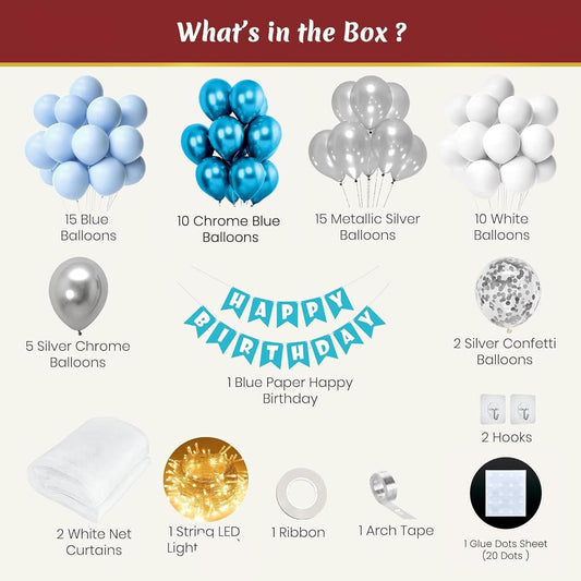 Birthday Decoration Kit for boys with Silver, White & blue Balloons, 66 pcs Pack