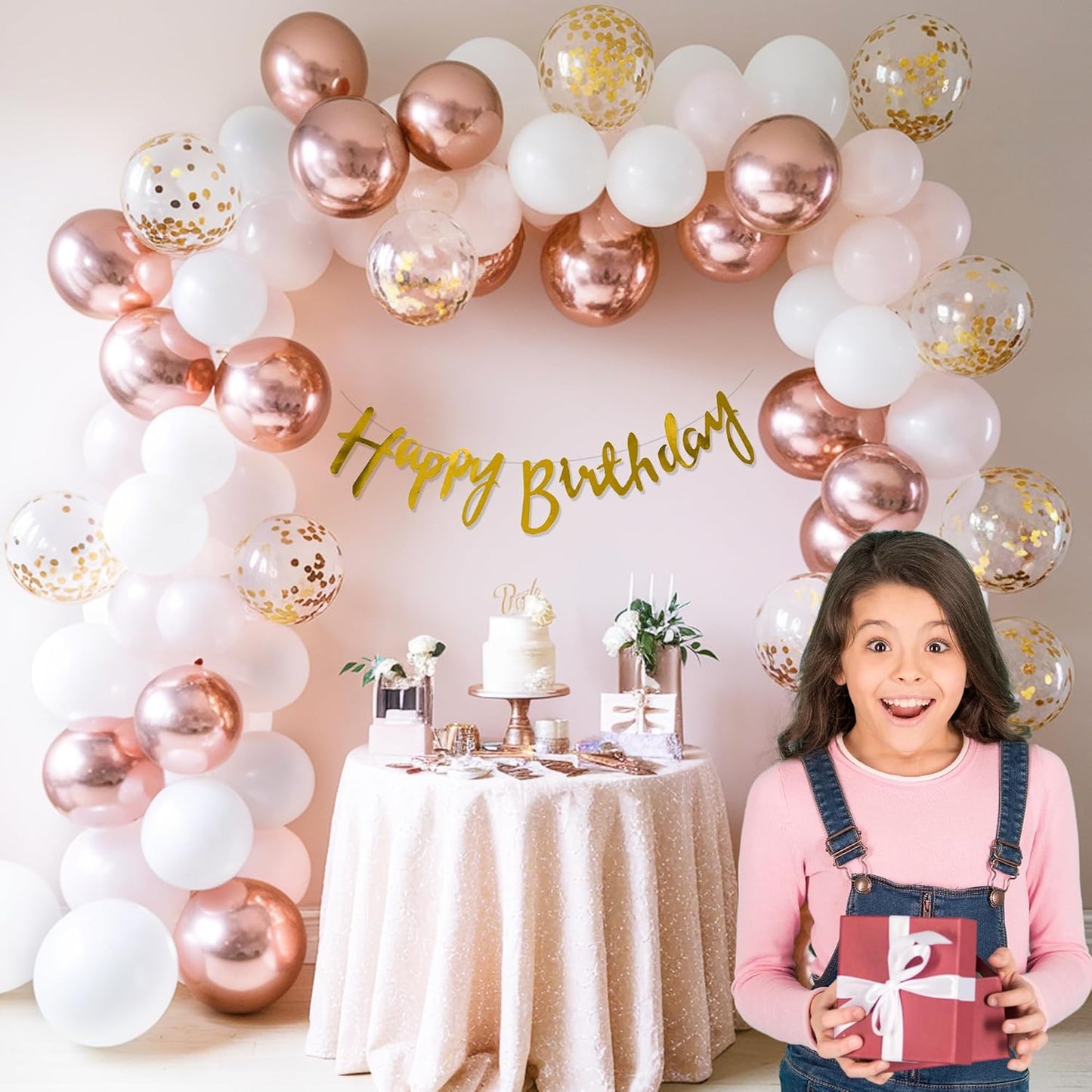Happy Birthday Decoration Kit with White & Rose gold Balloons - 59Pcs Pack