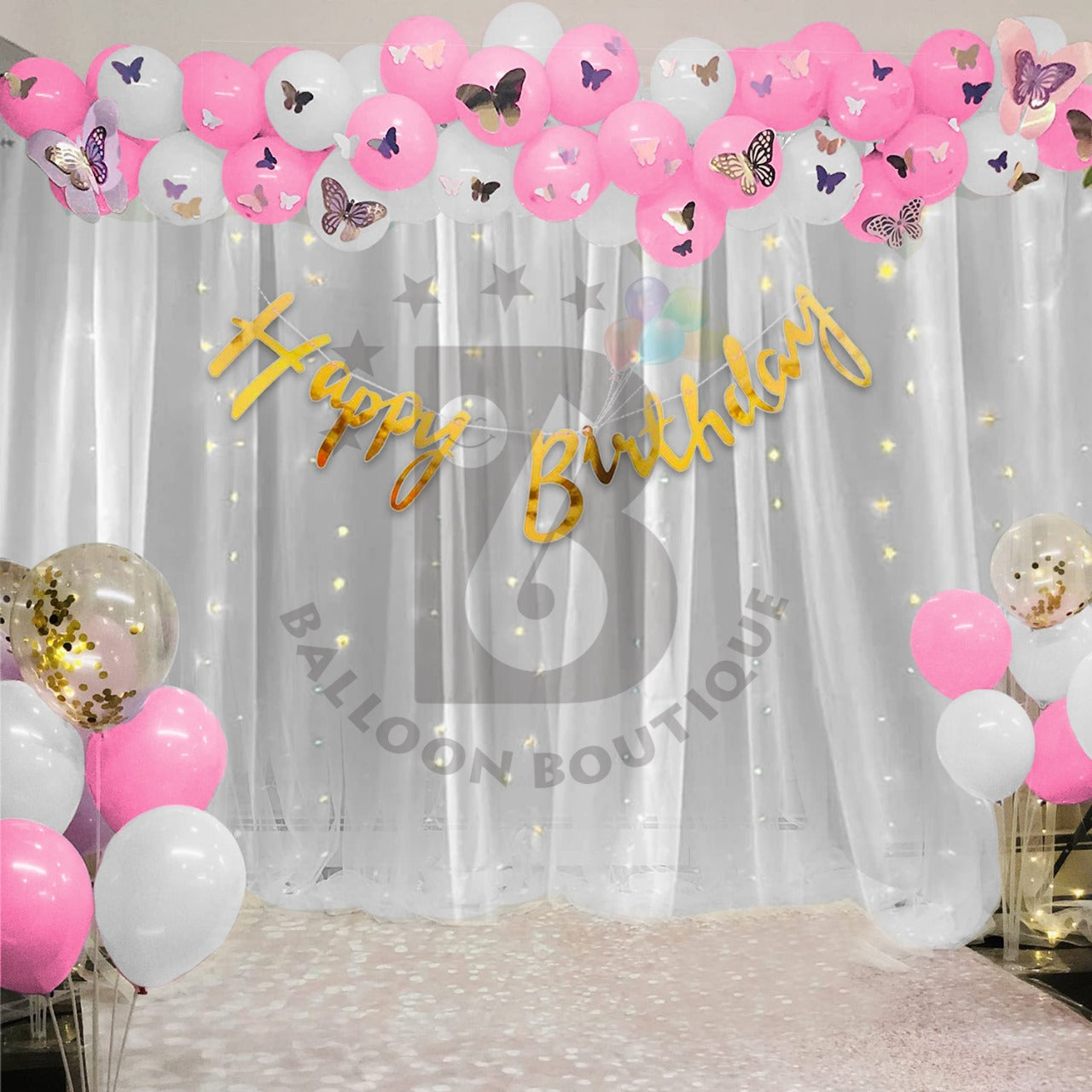 Butterfly's Birthday decoration 80 Pcs pack curtains tapes banner fairy light balloon kit