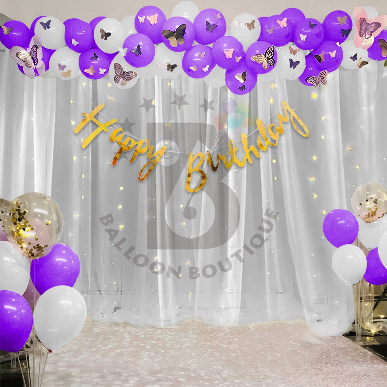 Butterfly's Birthday decoration 80 Pcs pack curtains tapes banner fairy light balloon kit