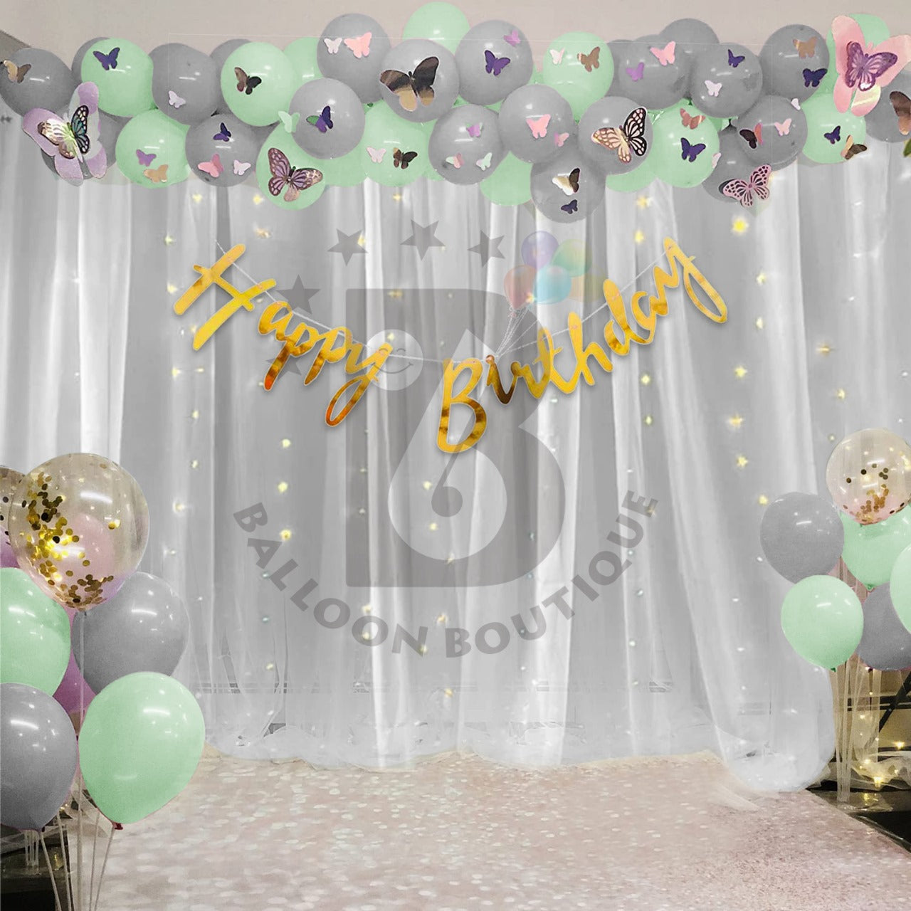 Butterfly's Birthday decoration 80 Pcs pack curtains tapes banner fairy light balloon kit
