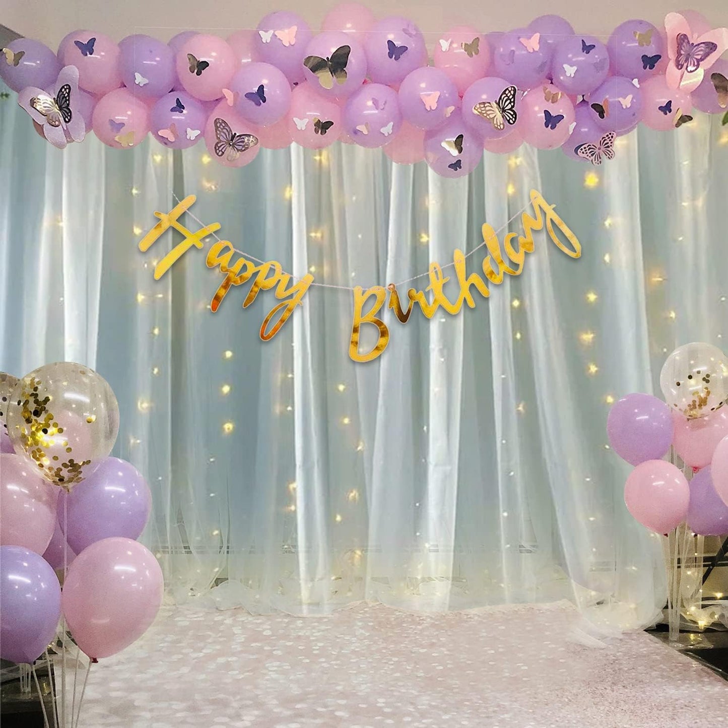Butterfly's Birthday decoration 80 Pcs pack curtains tapes banner fairy light balloon kit