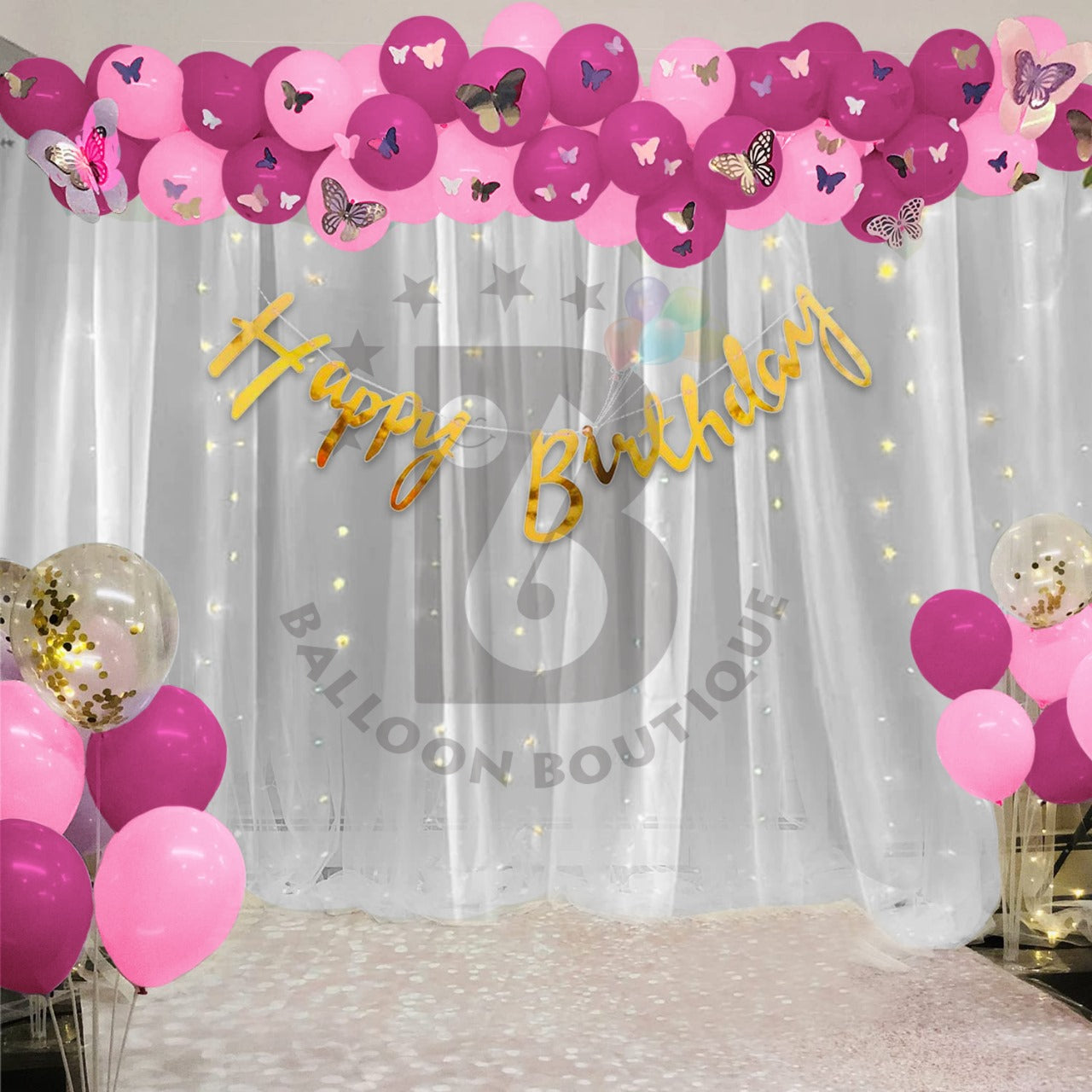 Butterfly's Birthday decoration 80 Pcs pack curtains tapes banner fairy light balloon kit