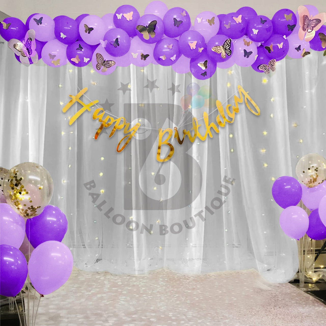 Butterfly's Birthday decoration 80 Pcs pack curtains tapes banner fairy light balloon kit