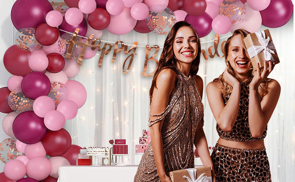 69-Piece Burgundy Pink Happy Birthday Decor Kit with LED Fairy Lights