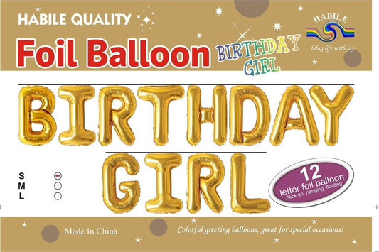 Birthday Girl Foil Balloon Set - 12 Golden Letter