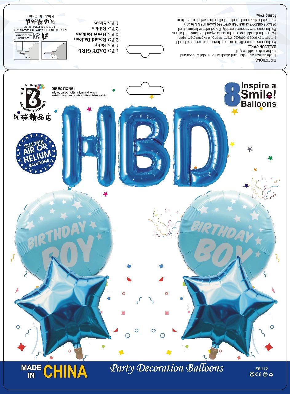 HBD Birthday Boy Balloon Set – 8 pcs Blue Party Decoration