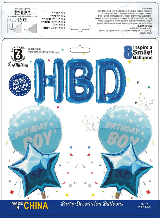 HBD Birthday Boy Balloon Set – 8 pcs Blue Party Decoration