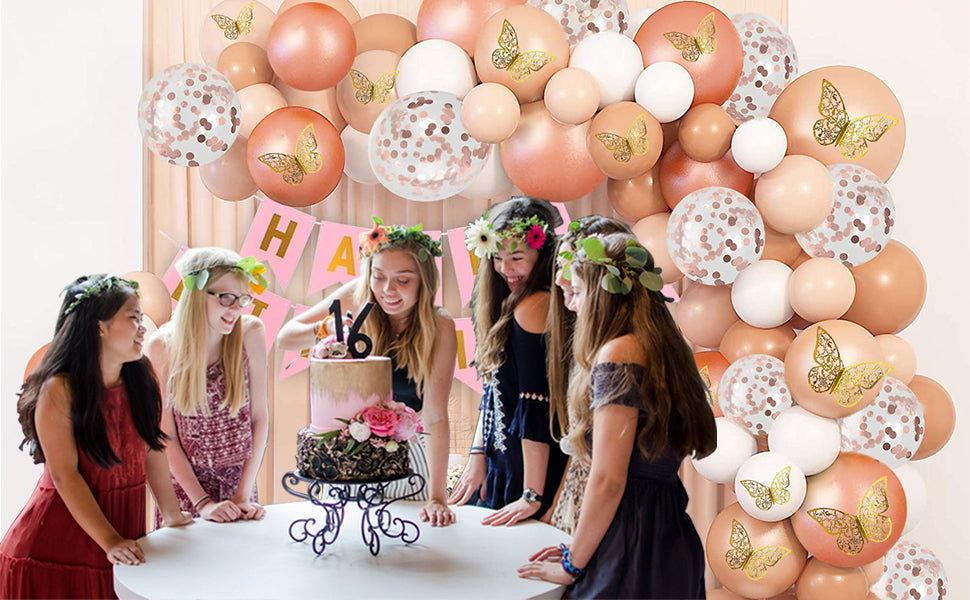74-Piece Rose Gold Birthday Decoration Kit with 3D Butterflies & Confetti Balloons