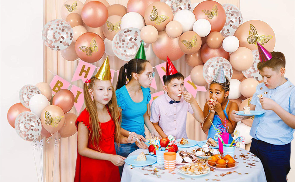 74-Piece Rose Gold Birthday Decoration Kit with 3D Butterflies & Confetti Balloons