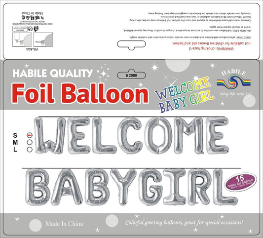 Welcome Baby Girl Foil Balloon Set – 15 Letter Silver Balloons