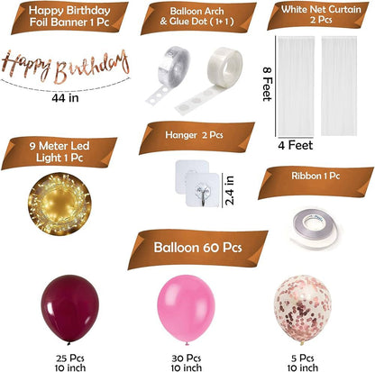 69-Piece Burgundy Pink Happy Birthday Decor Kit with LED Fairy Lights