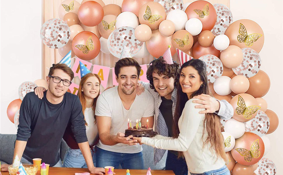 74-Piece Rose Gold Birthday Decoration Kit with 3D Butterflies & Confetti Balloons