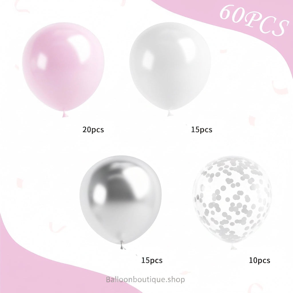 Pastel Pink, White, Silver Chrome And Confetti Balloons 60 Pcs Pack