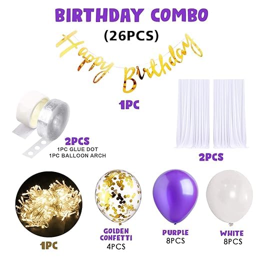 Purple & White Balloon Birthday Decoration Kit - Set of 26 Pcs