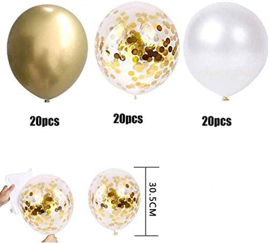 Gold, Confetti & White Balloon Set - 60 Pcs