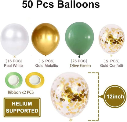 50 pcs Metallic Gold Green White Balloons for Birthday decoration
