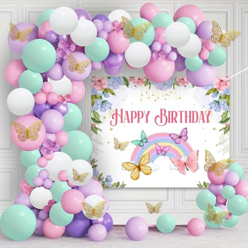 93-Piece Butterfly Theme Birthday Decoration Kit for Girls: Pastel Balloons & Backdrop