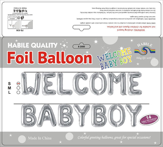 Welcome Baby Boy Foil Balloon Set – 14 Letter Silver Balloons