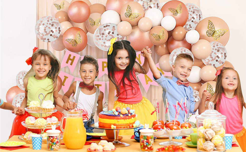 74-Piece Rose Gold Birthday Decoration Kit with 3D Butterflies & Confetti Balloons